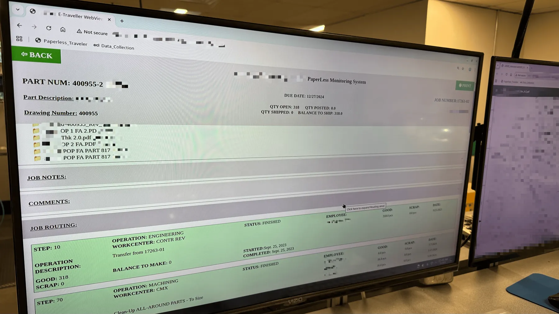 Single part view displaying all of the relevant information including steps, statuses and files